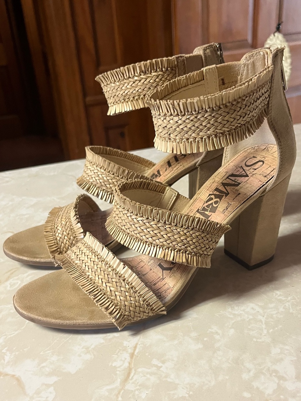 Neutral Braided Strap Block Heels